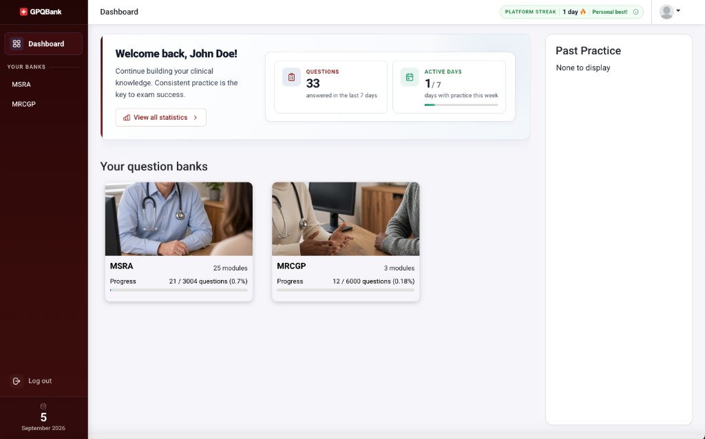 GPQBank dashboard with MSRA and MRCGP question banks
