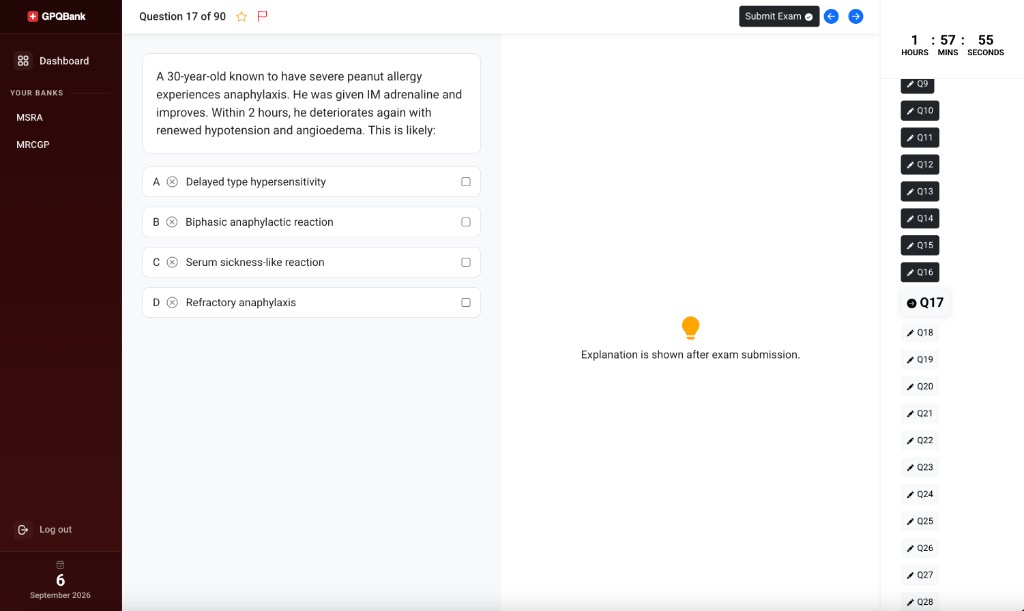MSRA timed mock exam with countdown timer and question navigator